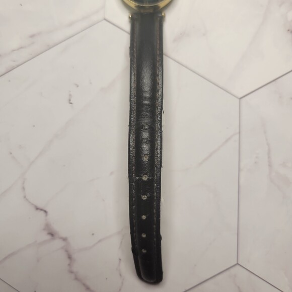 I.D. Titanium Vintage gold tone turquoise face black leather band watch - Picture 5 of 12